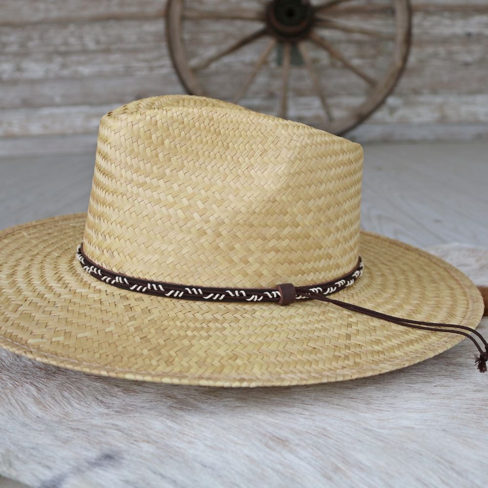Light tan woven straw hat with dark band and curved wide brim