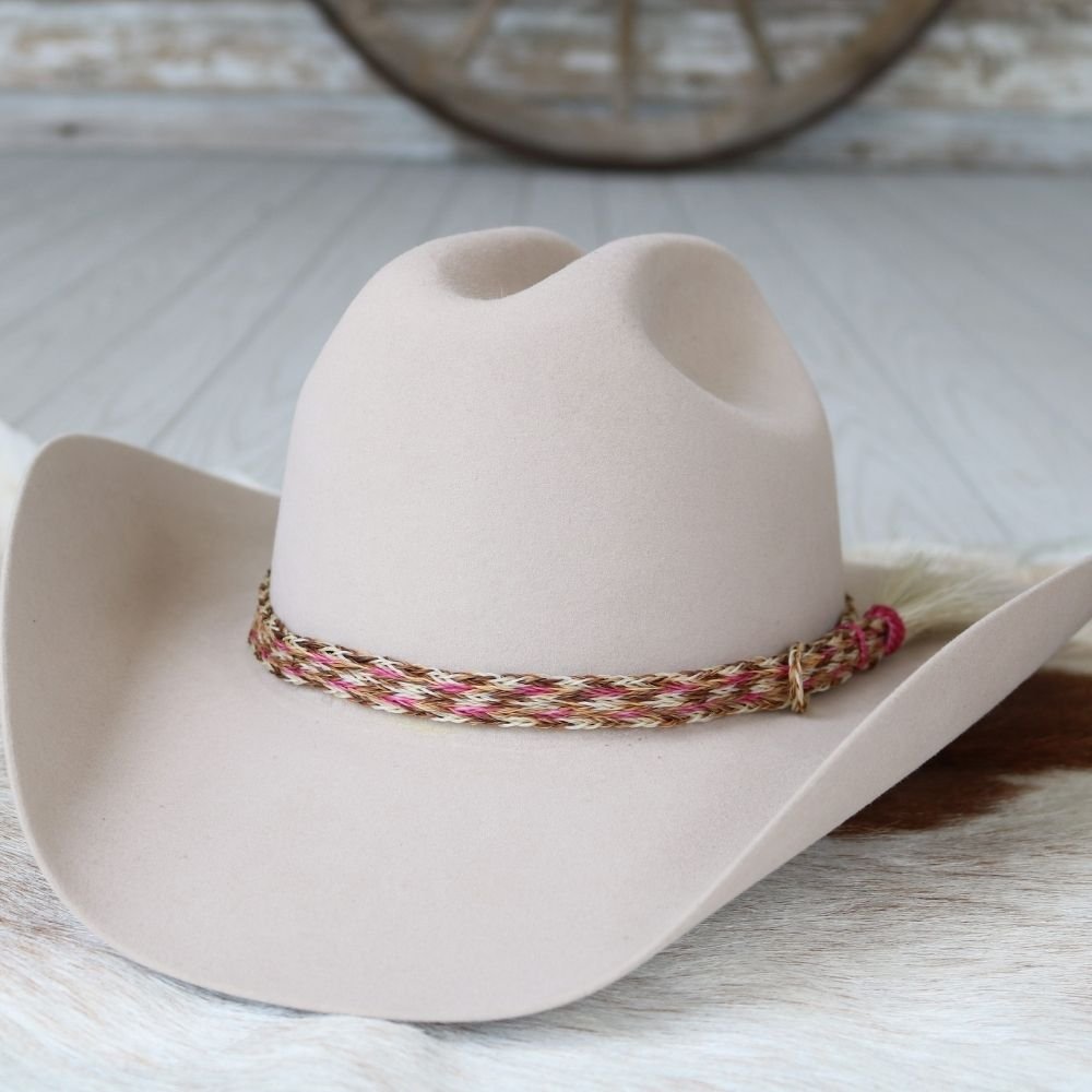Genuine Horsehair 6 Strand Braided Hat Band with Single Tassel - Pink
