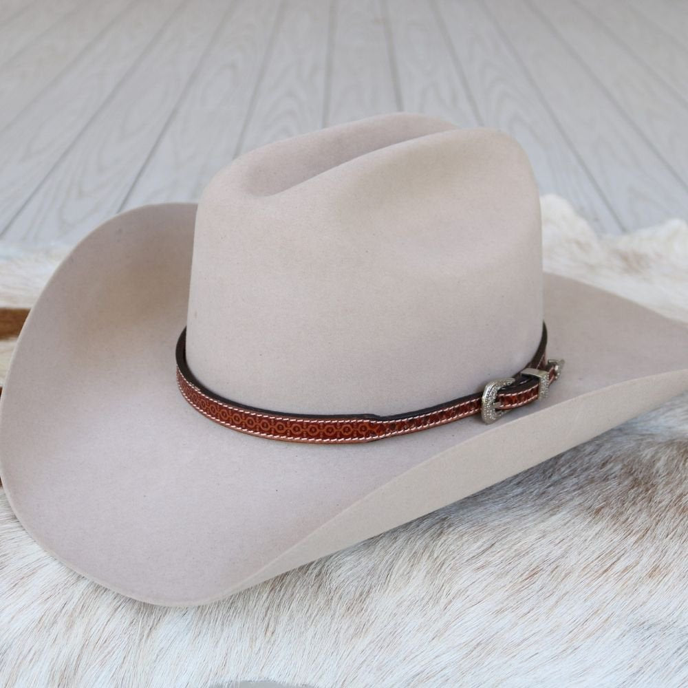 Brown Tooled Rosette Floral Pattern Leather Hat Band