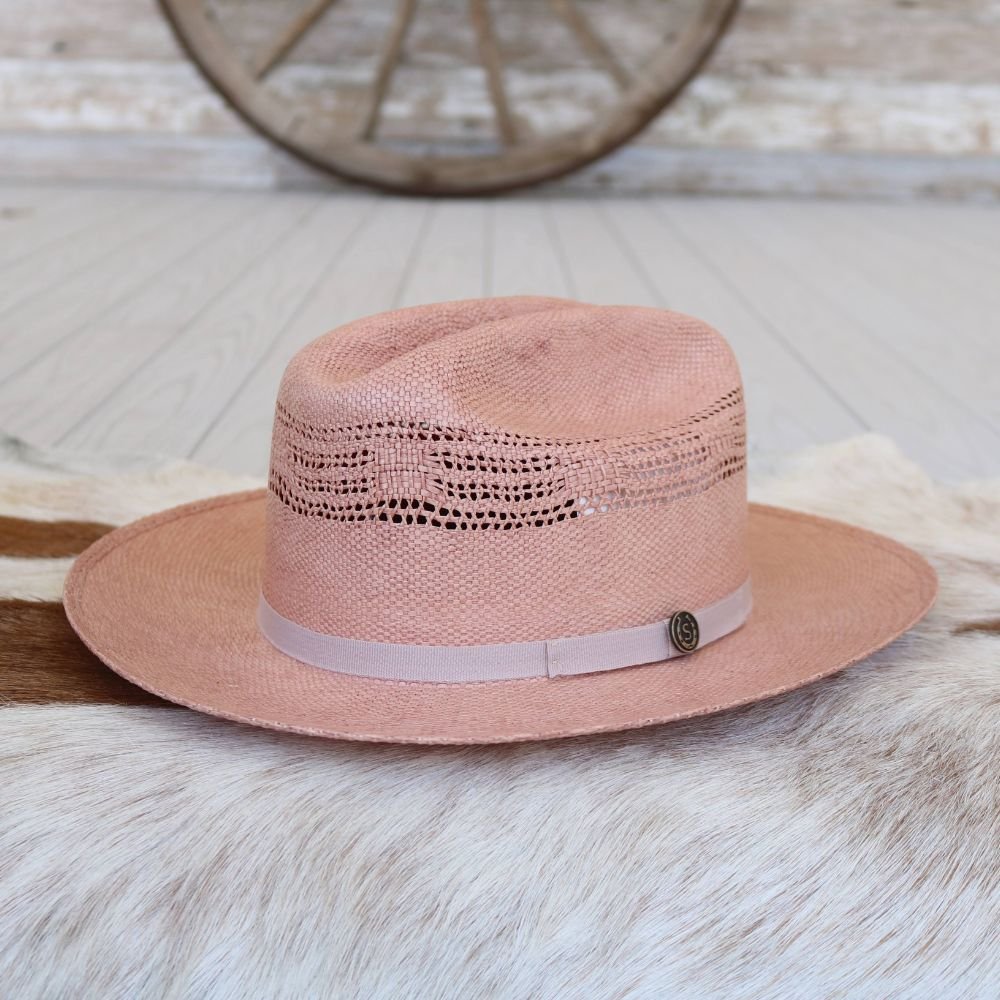 Apricot straw fedora hat with ribbon band and vented center panel detail