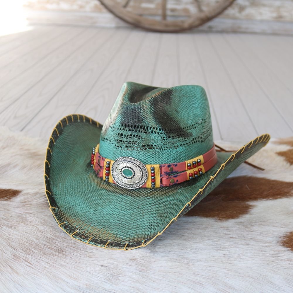 Stetson Straw Hat Turquoise Concho Feather Bullhide Womens Chasing Summer Straw Hat Turquoise main image 3