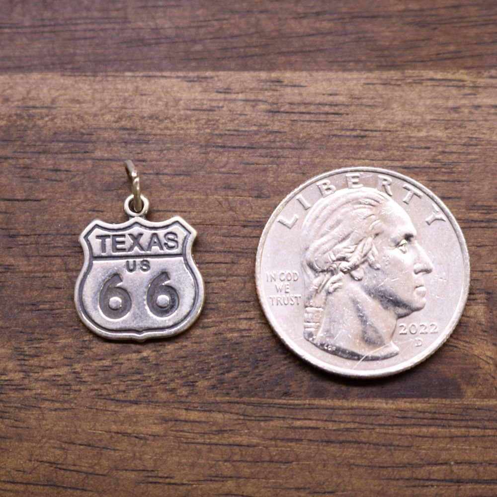 Texas Route 66 sterling silver charm shield detail with number 66