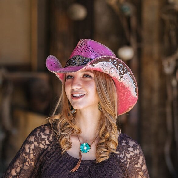 Women's Straw Cowboy Hat | Stampede | Pink | Rhinestones