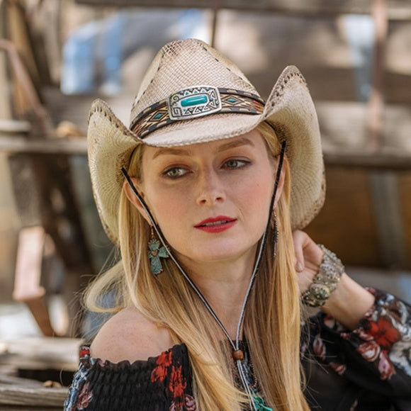Women's Straw Cowboy Hat | Stampede | Chinstrap | Turquoise Concho