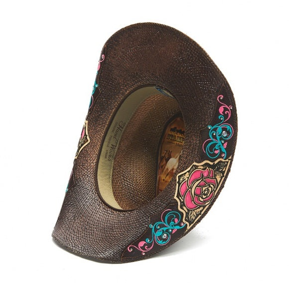 Women's Straw Cowboy Hat | Stampede | Pink Roses | Leather Band