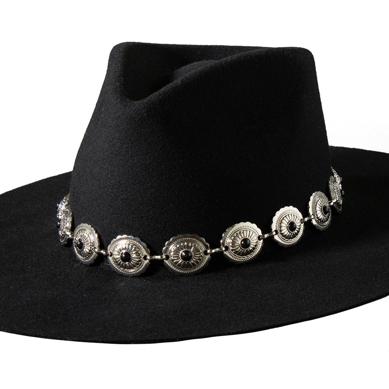 Silver Concho Chain Hat Band Black Stone