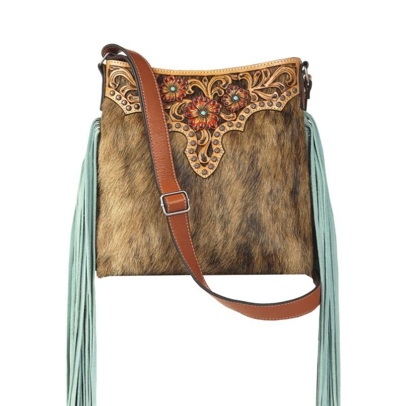 Cheetah with Turquoise Fringe Messenger Bag