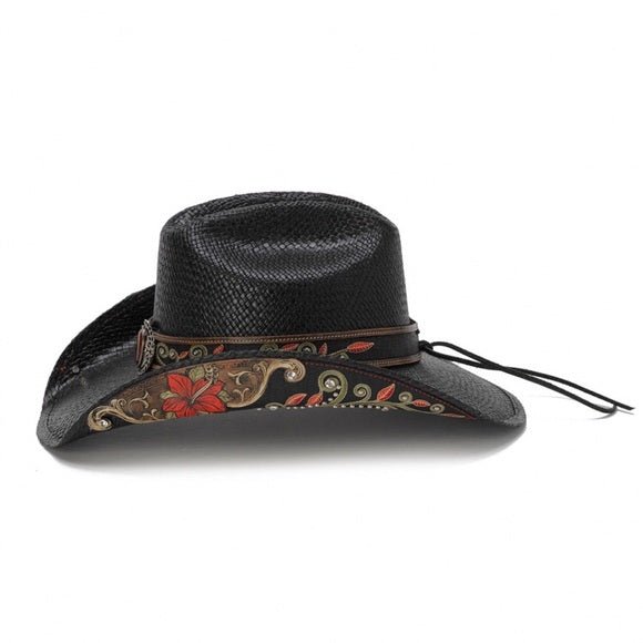 Women's Straw Cowboy Hat | Stampede | Hibiscus Flower | Black