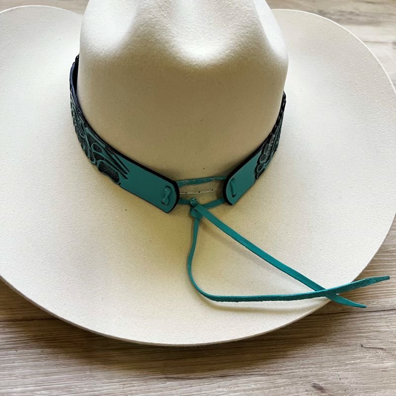 Teal Tooled Leather Hat Band - The Jessie