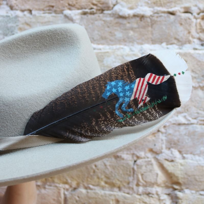 Western Hat Feather with Hand-Painted Horse USA Flag